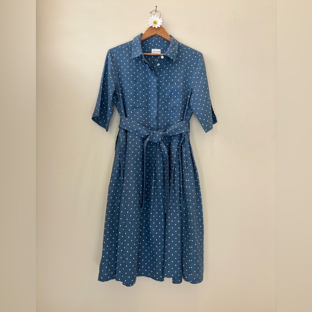 OFFON CLOTHING Polka Dot Linen Dress with Belt